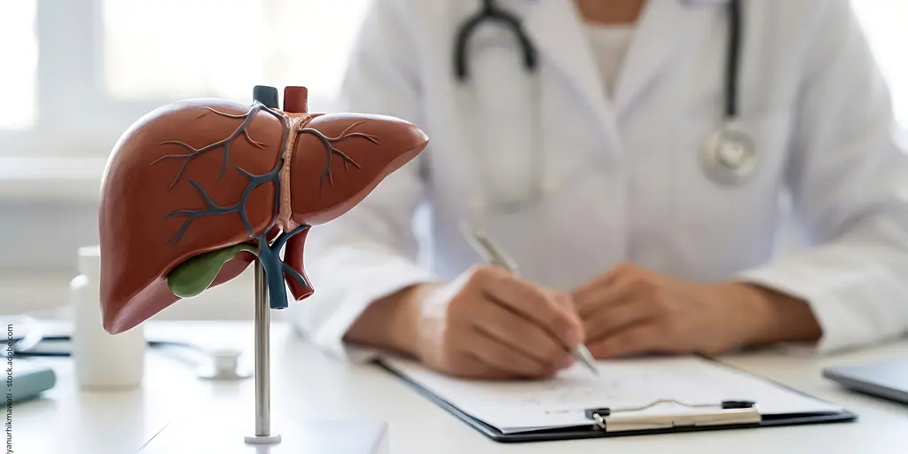 Anatomisches Modell der Leber auf einem Schreibtisch, daneben ein Arzt, der medizinische Notizen macht