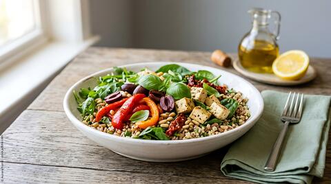 mediterrane, vegetarische Bowl mit Tofu, Oliven, sonnengetrockneten Tomaten und gerösteten Paprikaschoten