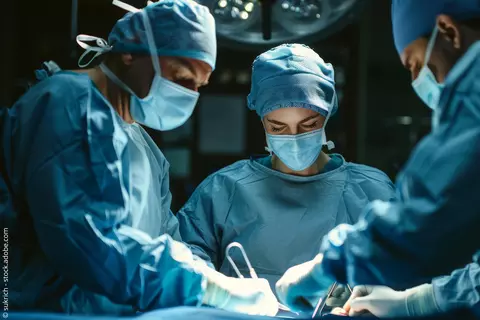 Chirurgen in steriler OP-Kleidung und Maske führen Operation am Patienten durch